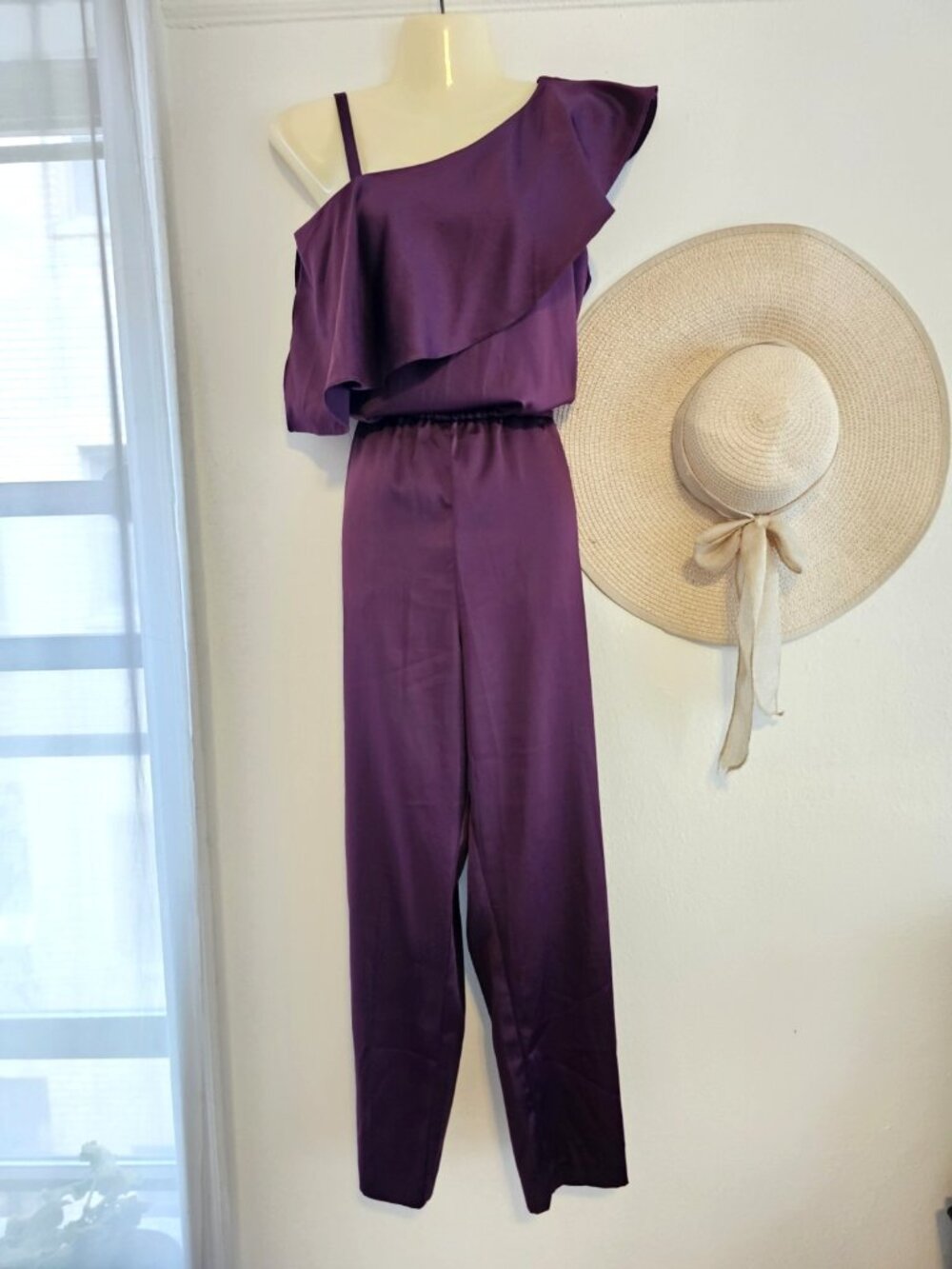 ALI & Jay Los Angeles Women S  Purple One Shoulder Ruffle Satin Romper Jumper
